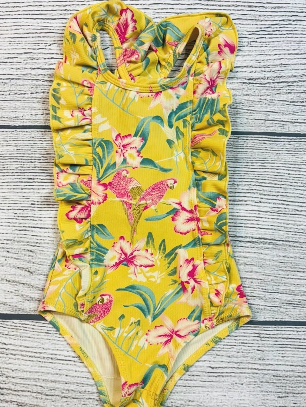 Yellow Floral One-Piece Swimsuit with Ruffle Trim